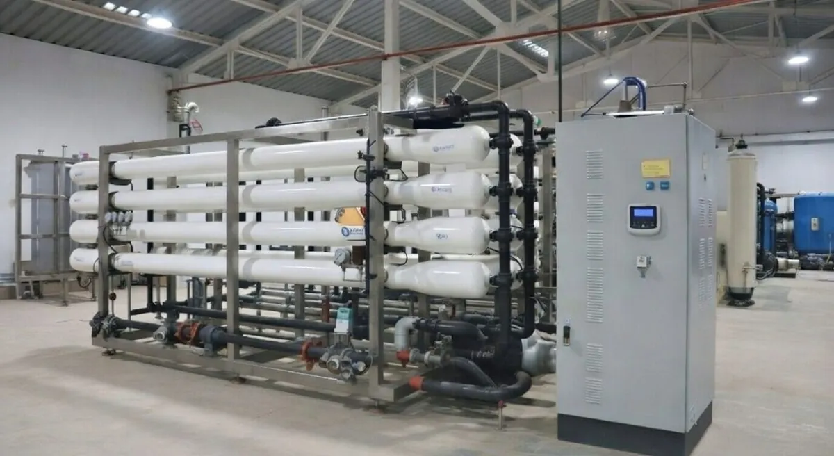 Bastidores de ósmosis inversa en planta desaladora industrial para suministro de agua en Canarias
