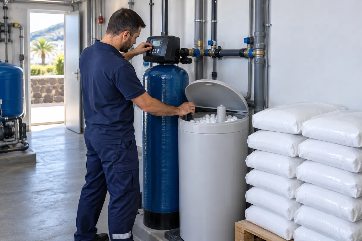 Mantenimiento profesional de descalcificador y sal de regeneración para controlar la dureza del agua