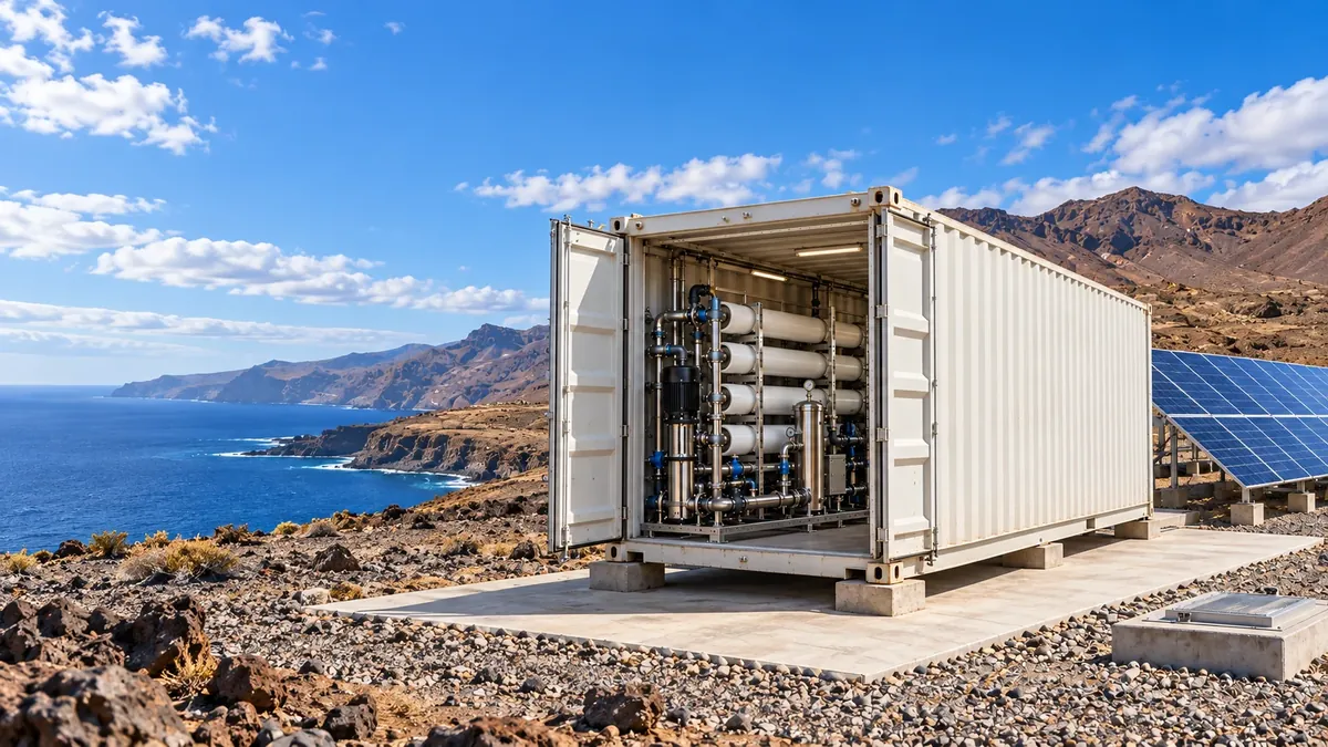 Planta desaladora modular dentro de un contenedor industrial para implantación en Canarias