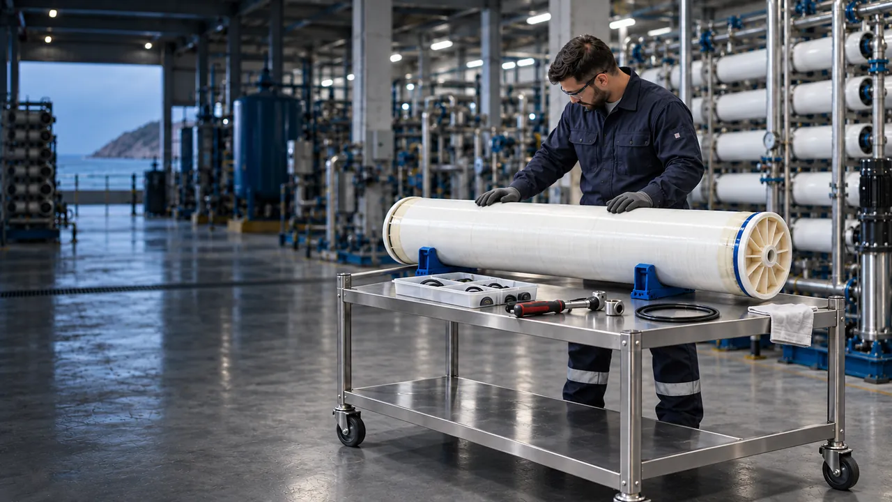 Técnico revisando un repuesto sobre mesa de trabajo en una instalación profesional de ósmosis inversa